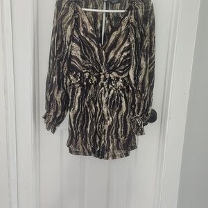 Reset By Jane Shorts Romper W/ POCKETS, V-neck, Open Slit Back, Ruffle Waist